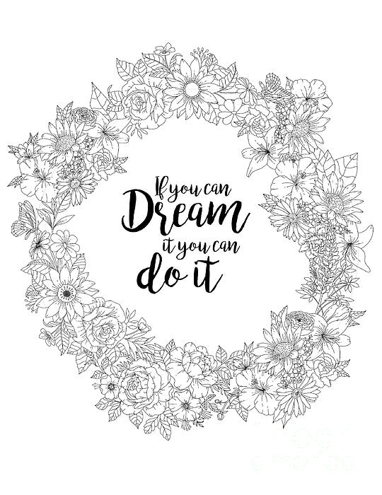 Flower wreath inspirational coloring page dream greeting card by lisa brando
