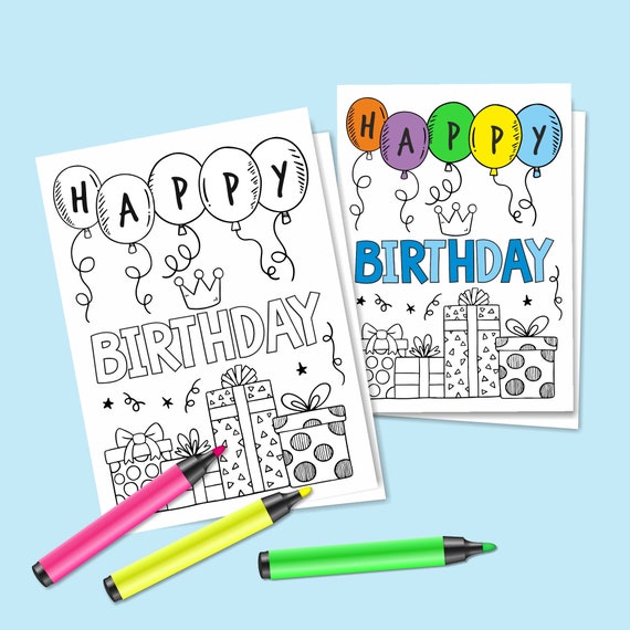 Digital birthday coloring card happy birthday greeting card coloring greeting card balloons coloring card happy birthday card