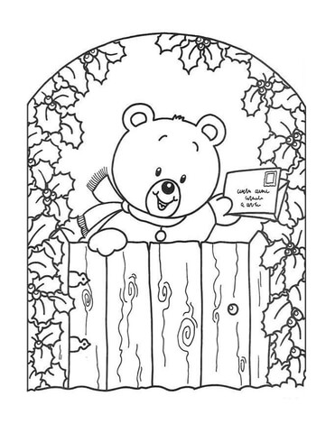 Teddy bear with christmas greeting card coloring page free printable coloring pages
