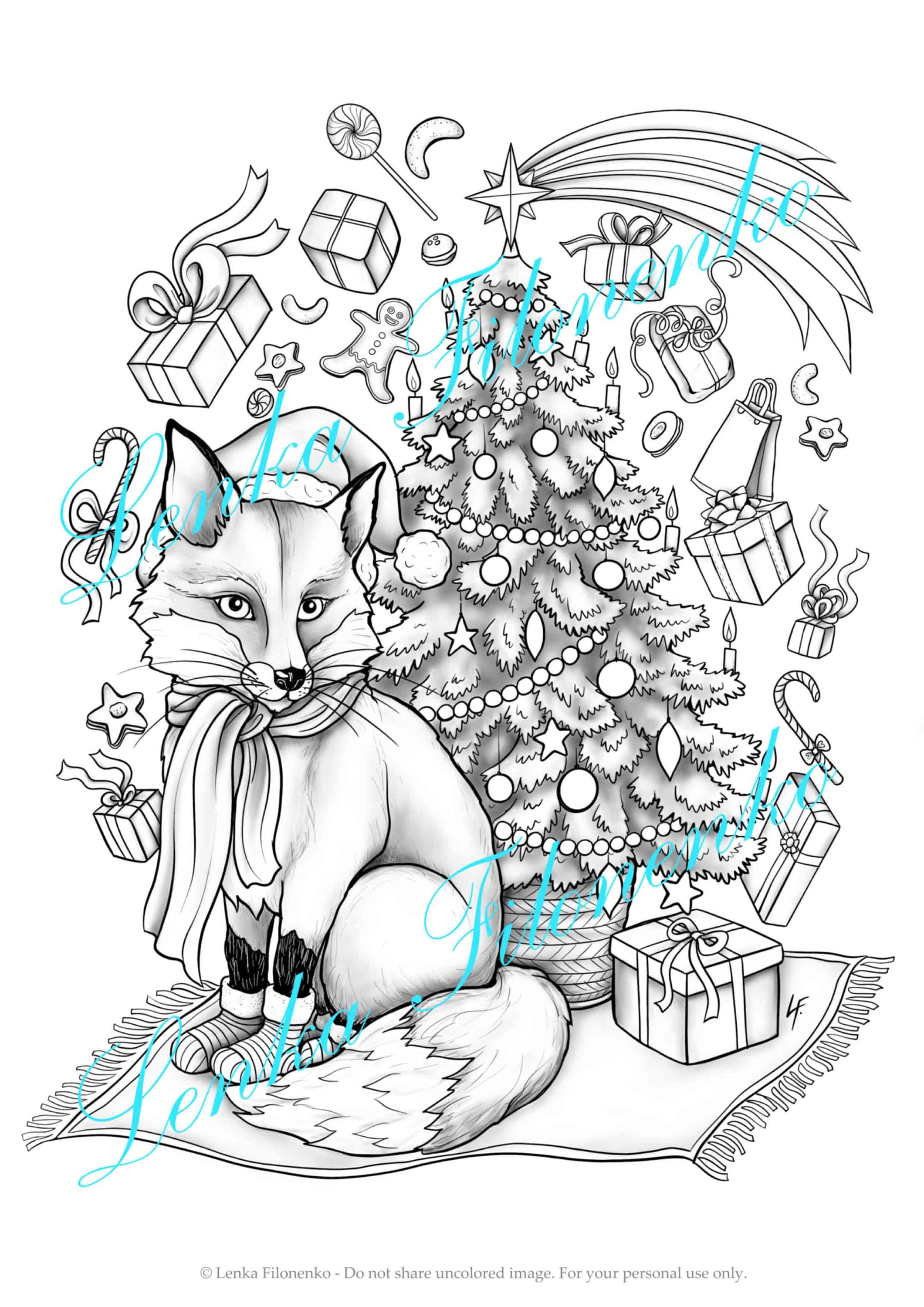 Christmas coloring page for adults fox with christmas tree grey scale coloring pdf download and print