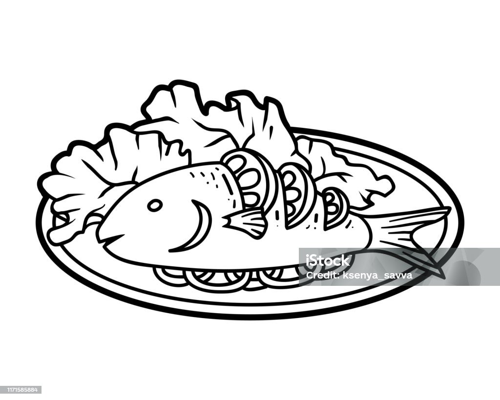 Coloring book grilled fish on plate stock illustration