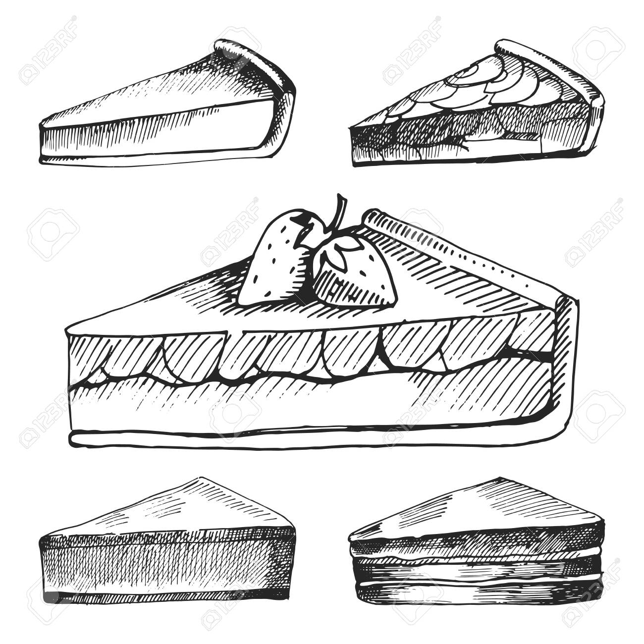 Hand drawn icons for food menu with berry pies cheese cake and other various types of pies fast food vector great vintage line drawing sketch for coloring book brochure or leaflet design