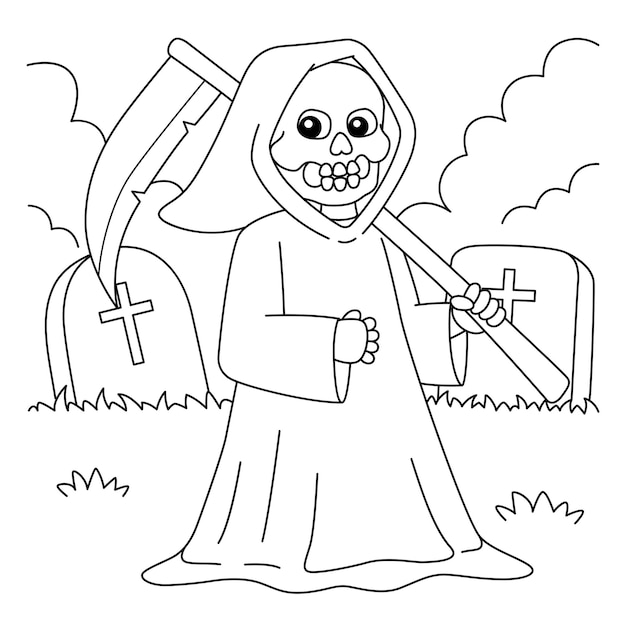 Premium vector grim reaper halloween coloring page for kids