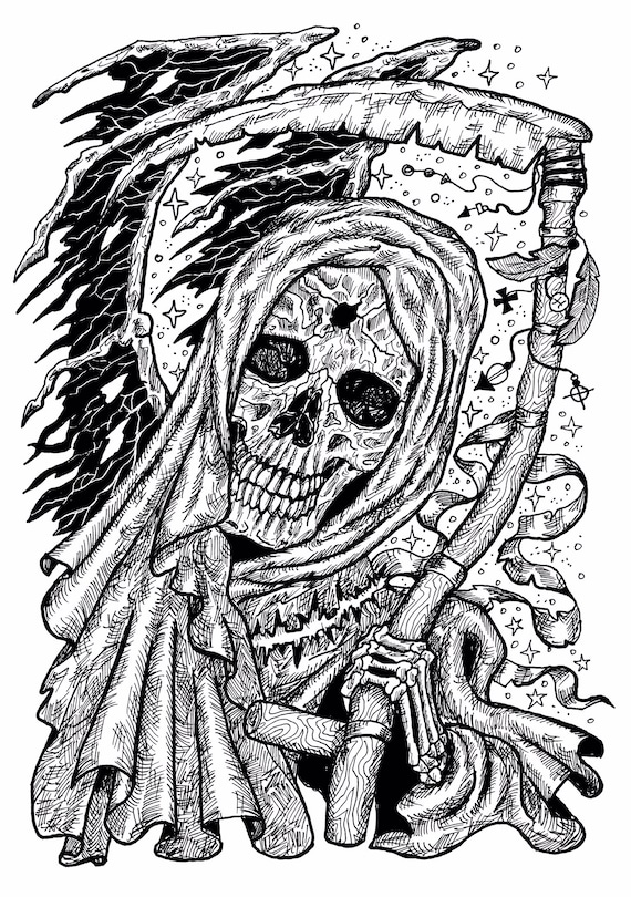 Grim reaper coloring page printable skull coloring sheet goth coloring book page halloween printable coloring book page