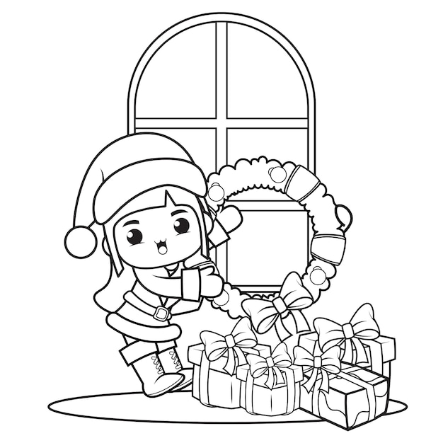 Premium vector christmas coloring book with cute girl