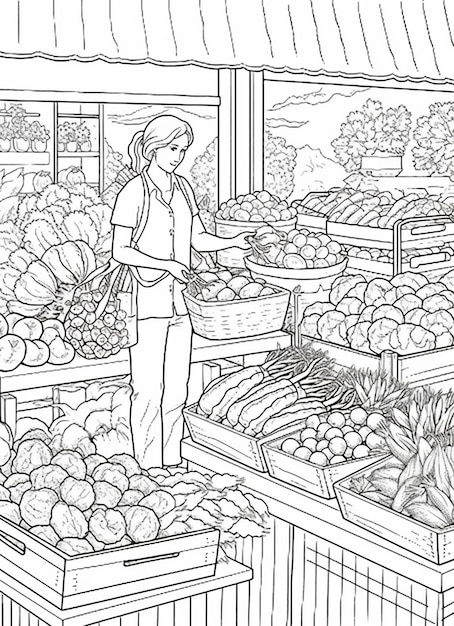 Premium ai image a coloring page of a woman shopping in a grocery store generative ai
