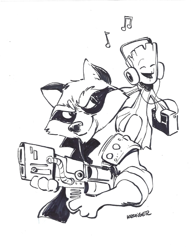 Rocket raccoon baby groot in michael waffless missions ic art gallery room