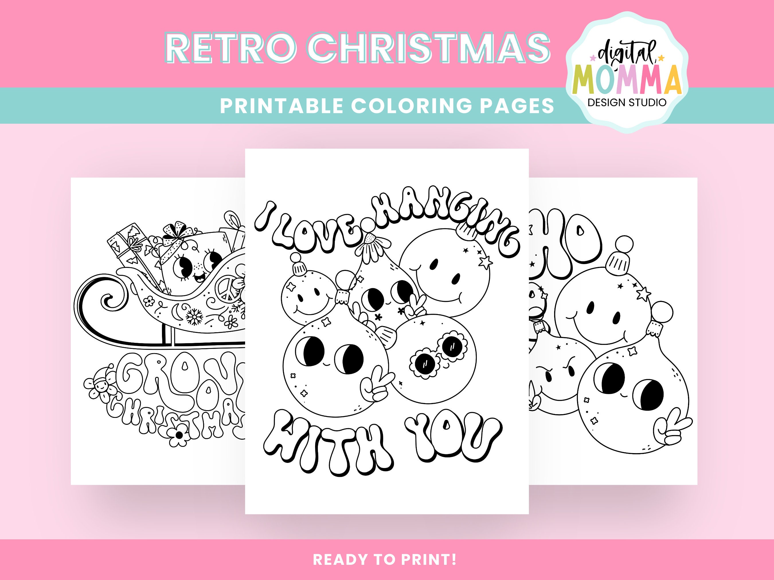 Printable retro christmas coloring pages groovy christmas color sheets pdf digital file you print color