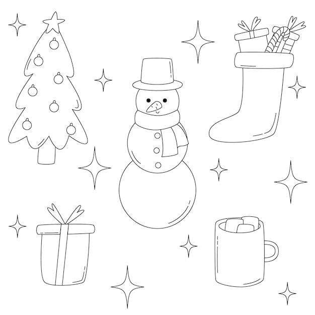 Premium vector set outline christmas retro groovy elements in ss style sock with gift mug with cocoa and marshmallow christmas tree gift box snowman new year vector cartoon symbols