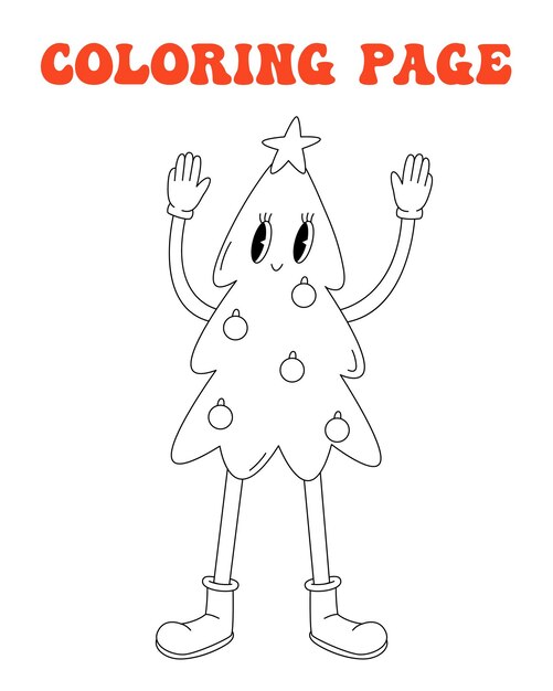 Premium vector s s groovy coloring page retro print with line cute christmas tree printable worksheet with solution for school and preschool christmas holiday happy new year vector cartoon illustration