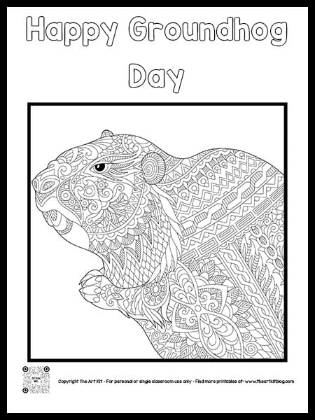 Happy groundhog day mandala coloring page cursive font â the art kit