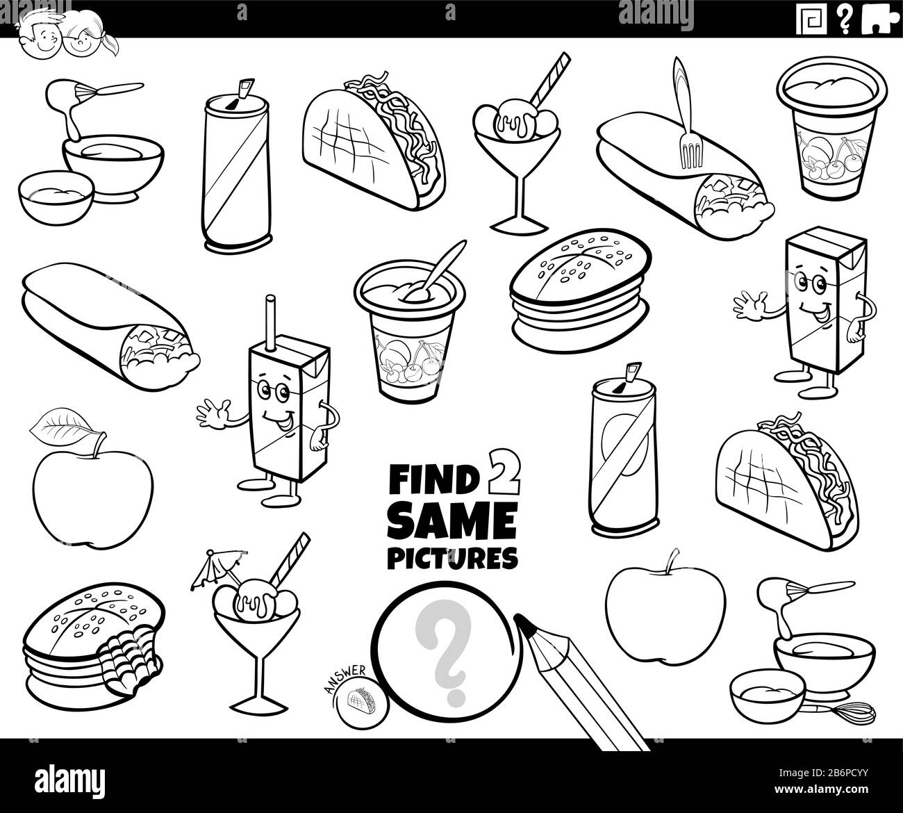 Black and white cartoon illustration of finding two same pictures educational task for children with food objects coloring book page stock vector image art