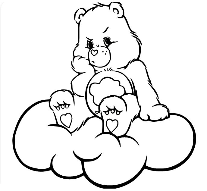 Grumpy bear sits on the cloud coloring page