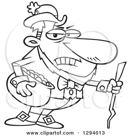 Lineart clipart of a black and white cartoon grouchy leprechaun holding a pot of gold and a stick