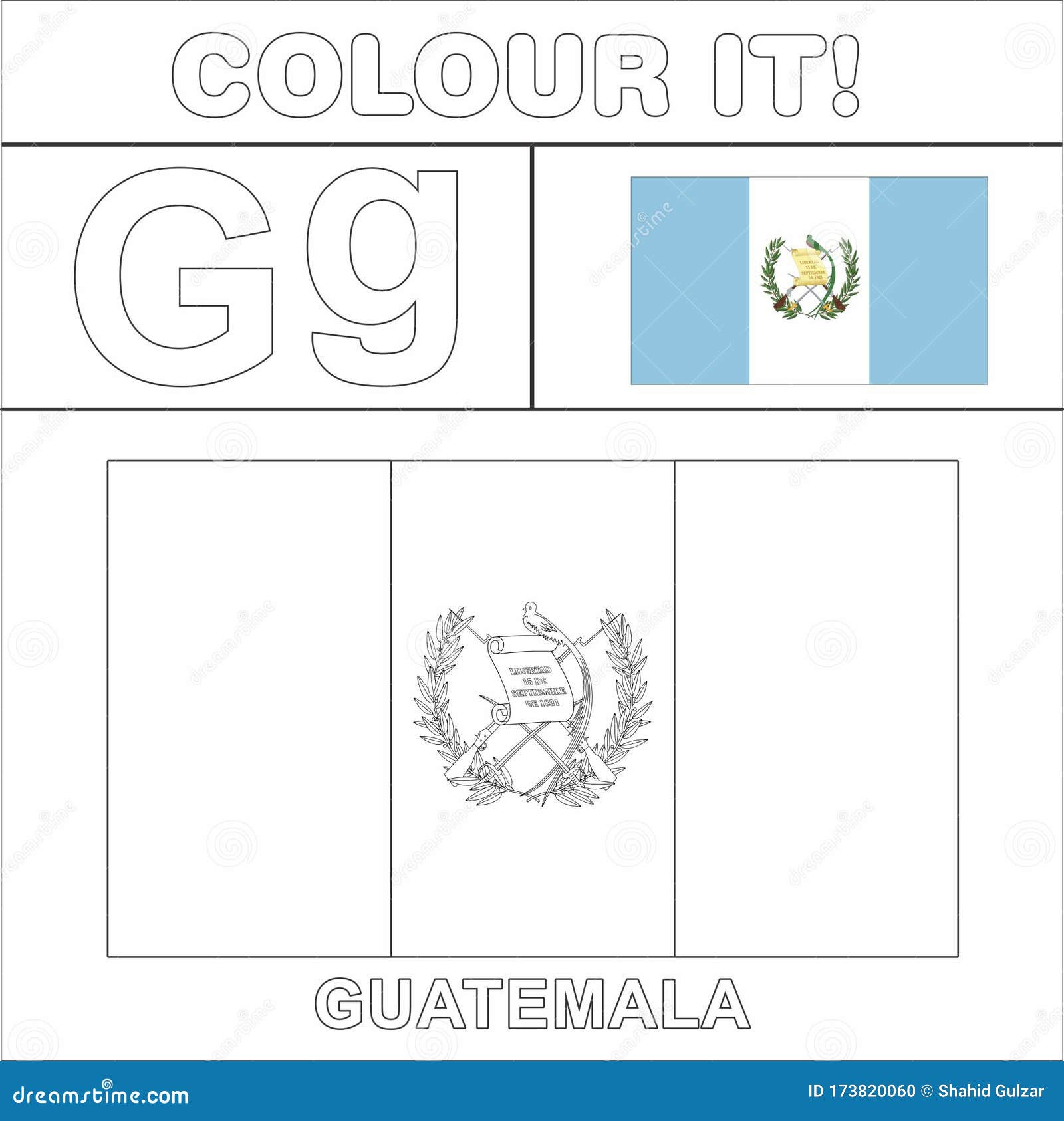 Colour it kids colouring page country starting from english letter g guatemala how to color flag stock illustration