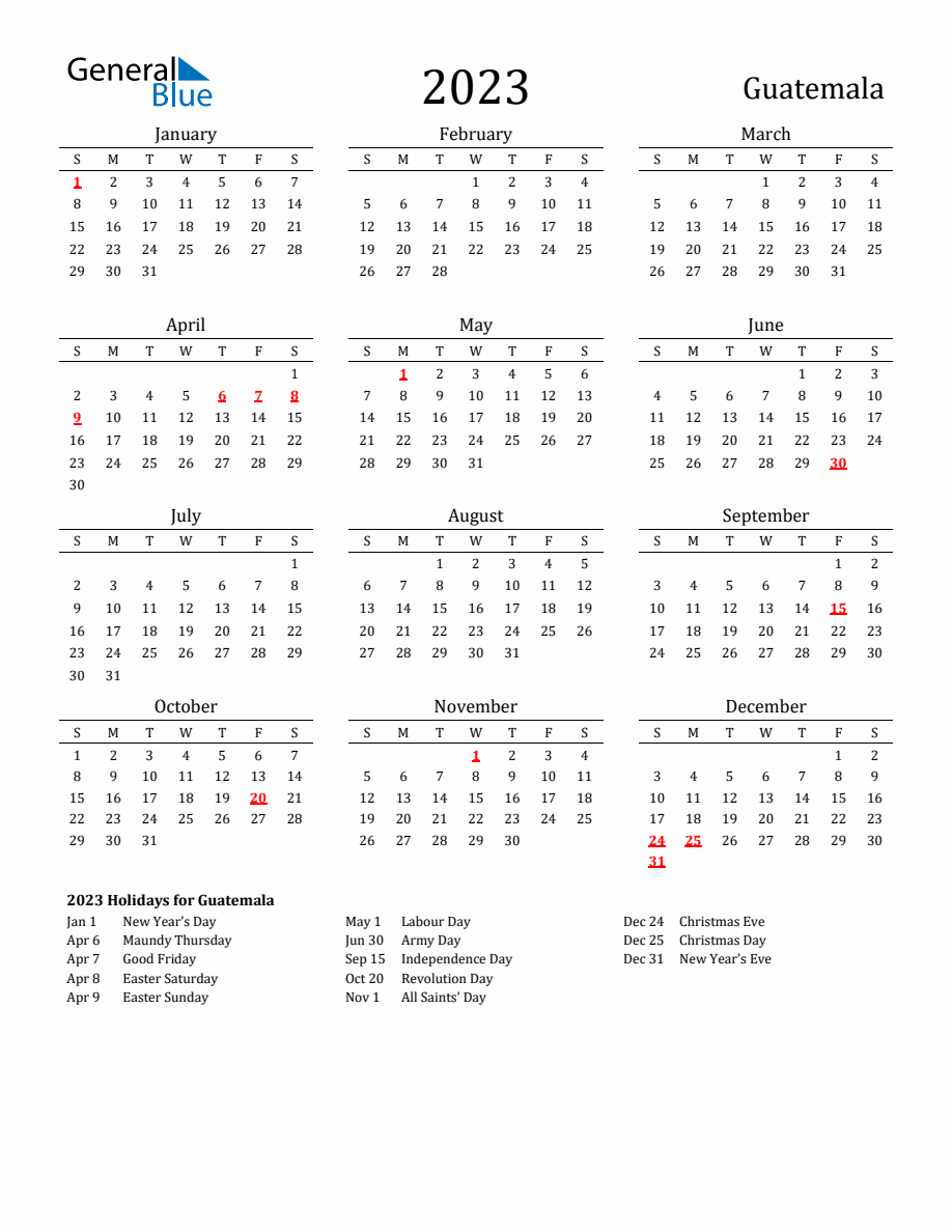 Free guatemala holidays calendar for year