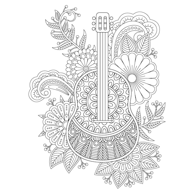 Premium vector guitar coloring pages with flower style for adult
