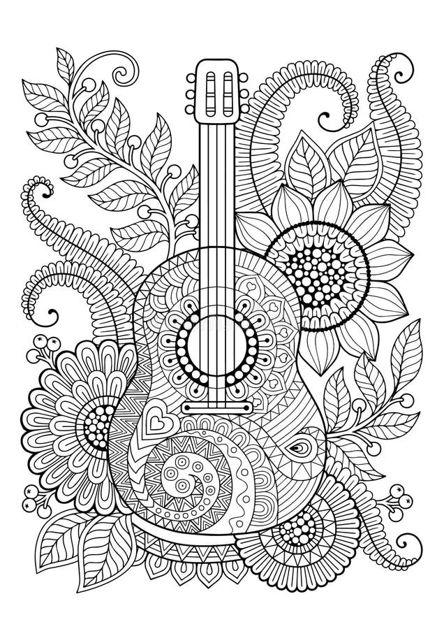 Coloring book for adult and relax guitar maxican stock vector