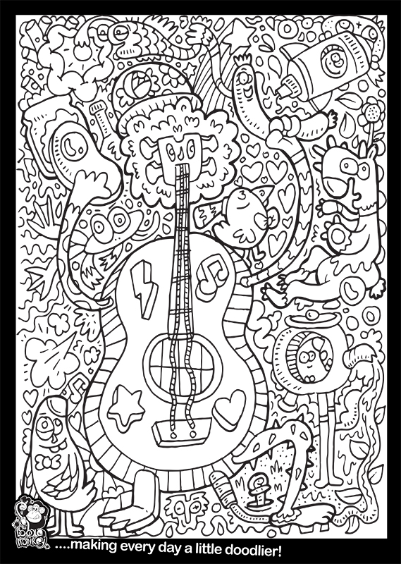 Playing the guitar colouring sheet â the doodle monkey