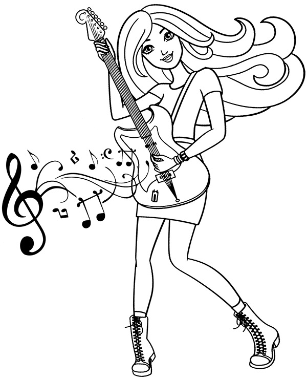 Barbie playing guitar coloring page