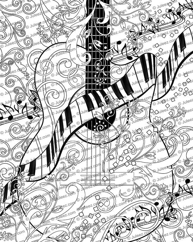 Coloring poster printable guitar coloring page piano coloring poster by juleez instant download