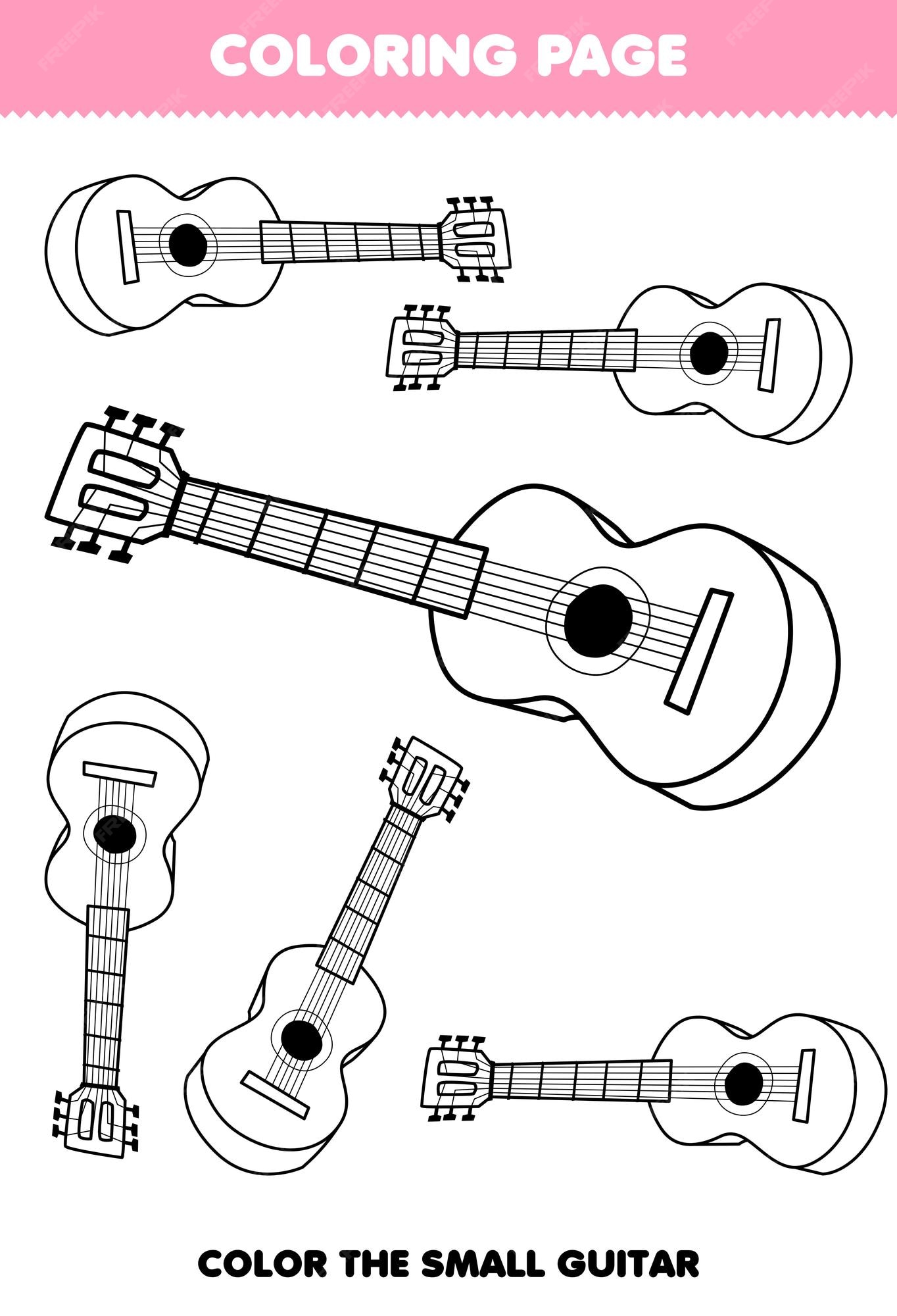Premium vector education game for children coloring page big or small picture of music instrument guitar printable worksheet