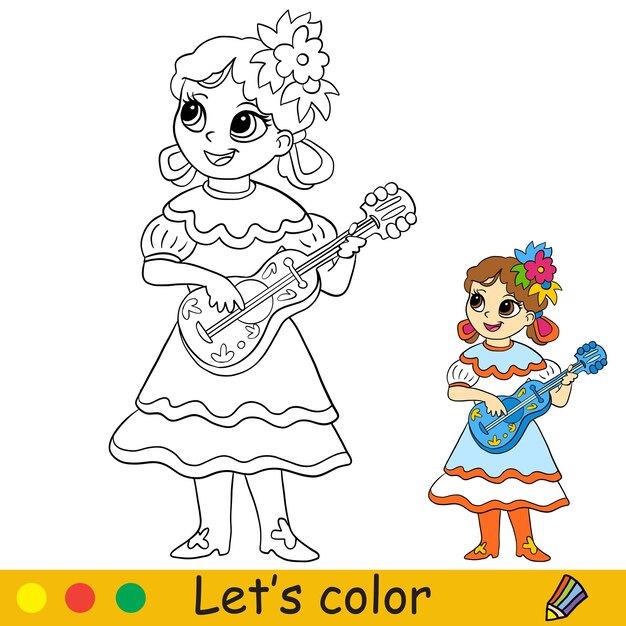 Premium vector halloween kids coloring with template mexican girl with guitar