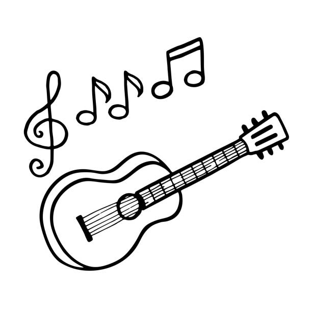 Handdrawn guitar and sheet music doodle vector illustration coloring page stock illustration