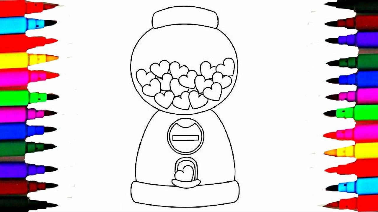 Heart shaped gumball machine coloring pages l how to draw gum machine videos for kids rainbow colors