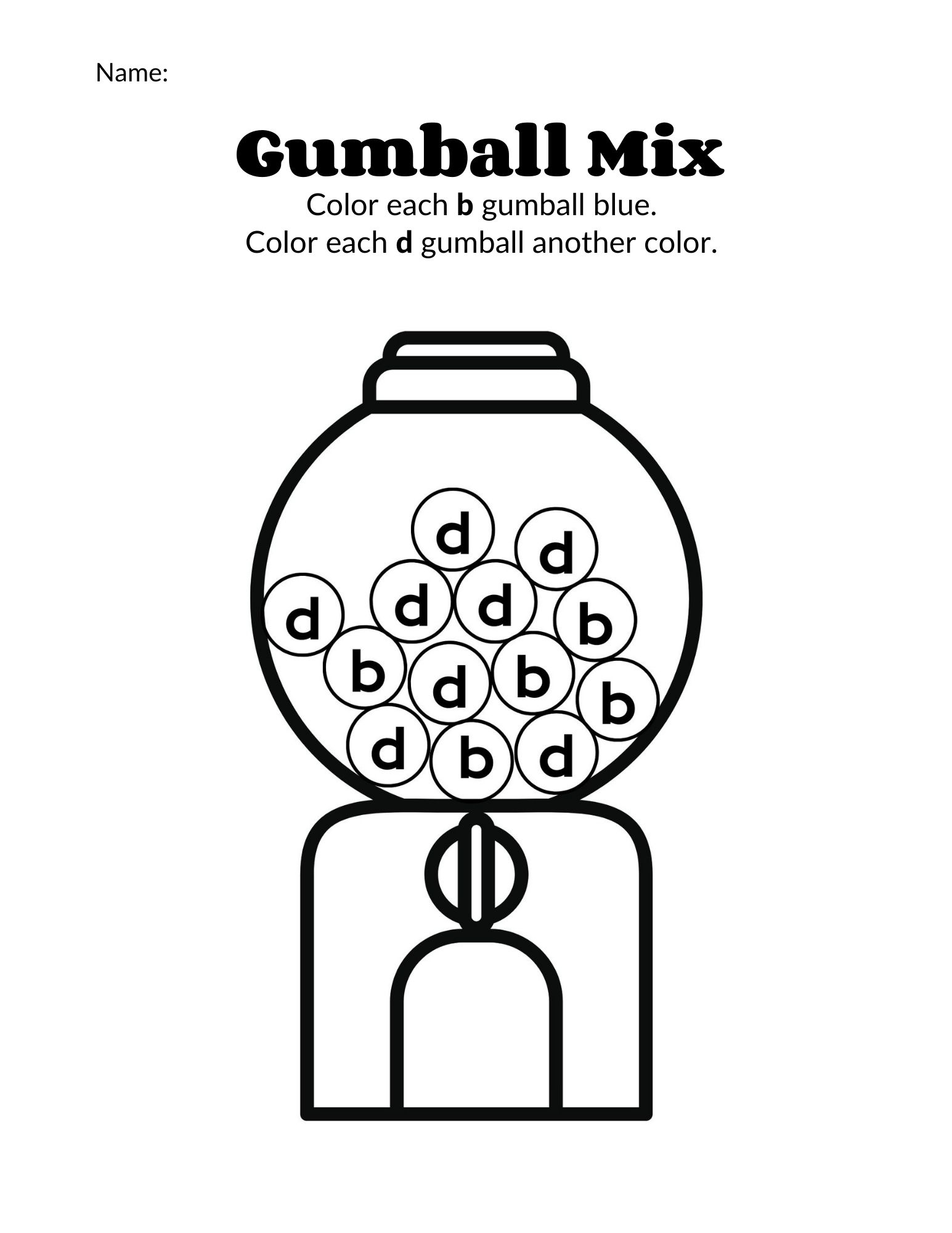Gumball coloring worksheet distinguish b from d