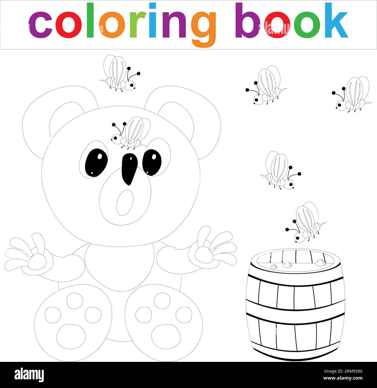 Coloring page template with cartoon teddy bear and honey for kids vector illustration stock vector image art