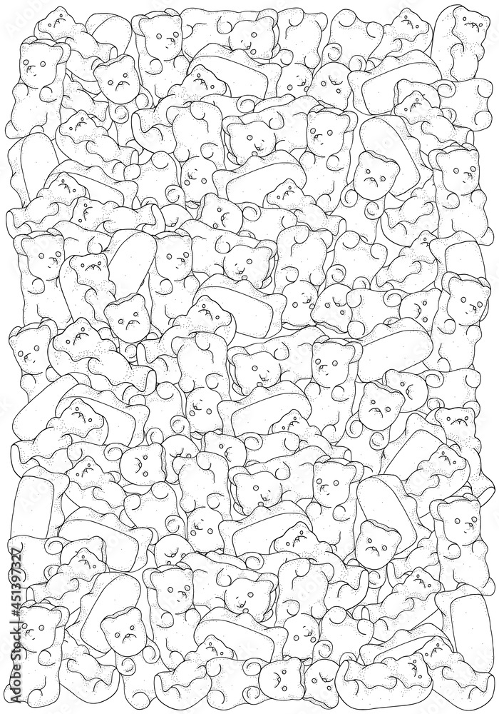 Pattern with gummy bears adult coloring book page with shiny jelly bears black and white vector illustration vector