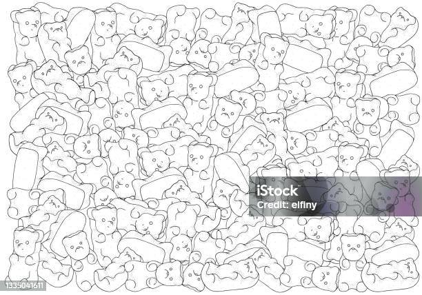Pattern with gummy bears adult coloring book page with shiny jelly bears black and white vector illustration stock illustration
