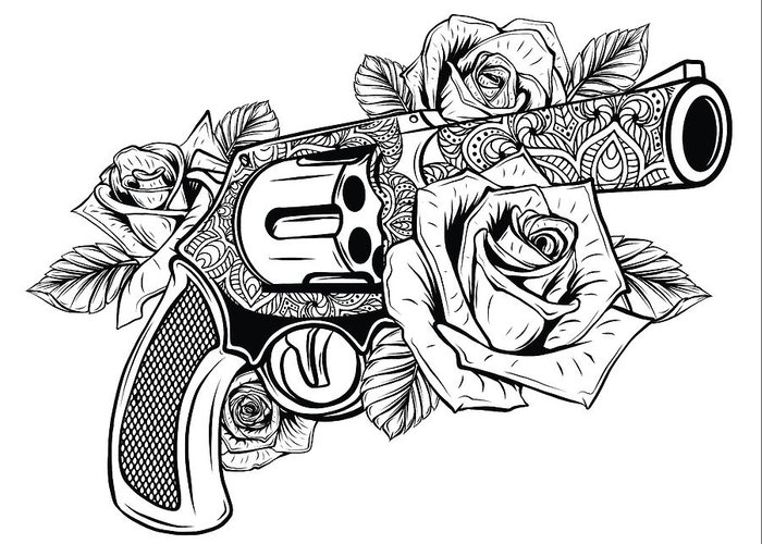 Guns and rose flowers drawn in tattoo style illustration greeting card by dean zangirolami