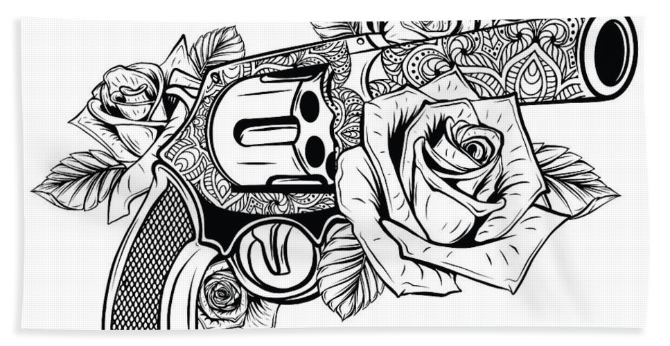 Guns and rose flowers drawn in tattoo style illustration beach towel by dean zangirolami