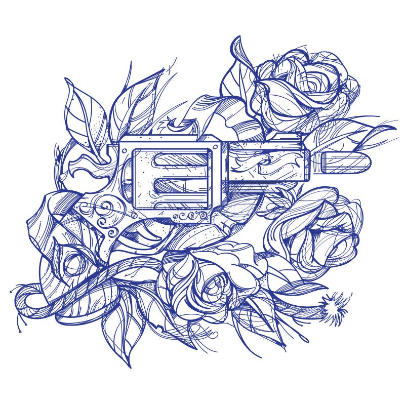 Gun and roses tattoo hand drawing style picture for coloring stock vector