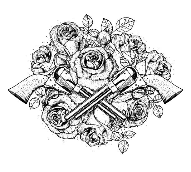 Guns and roses hand drawn illustration tattoo vintage print pistols and roses hand drawn print tattoo design sketch illustration stock illustration