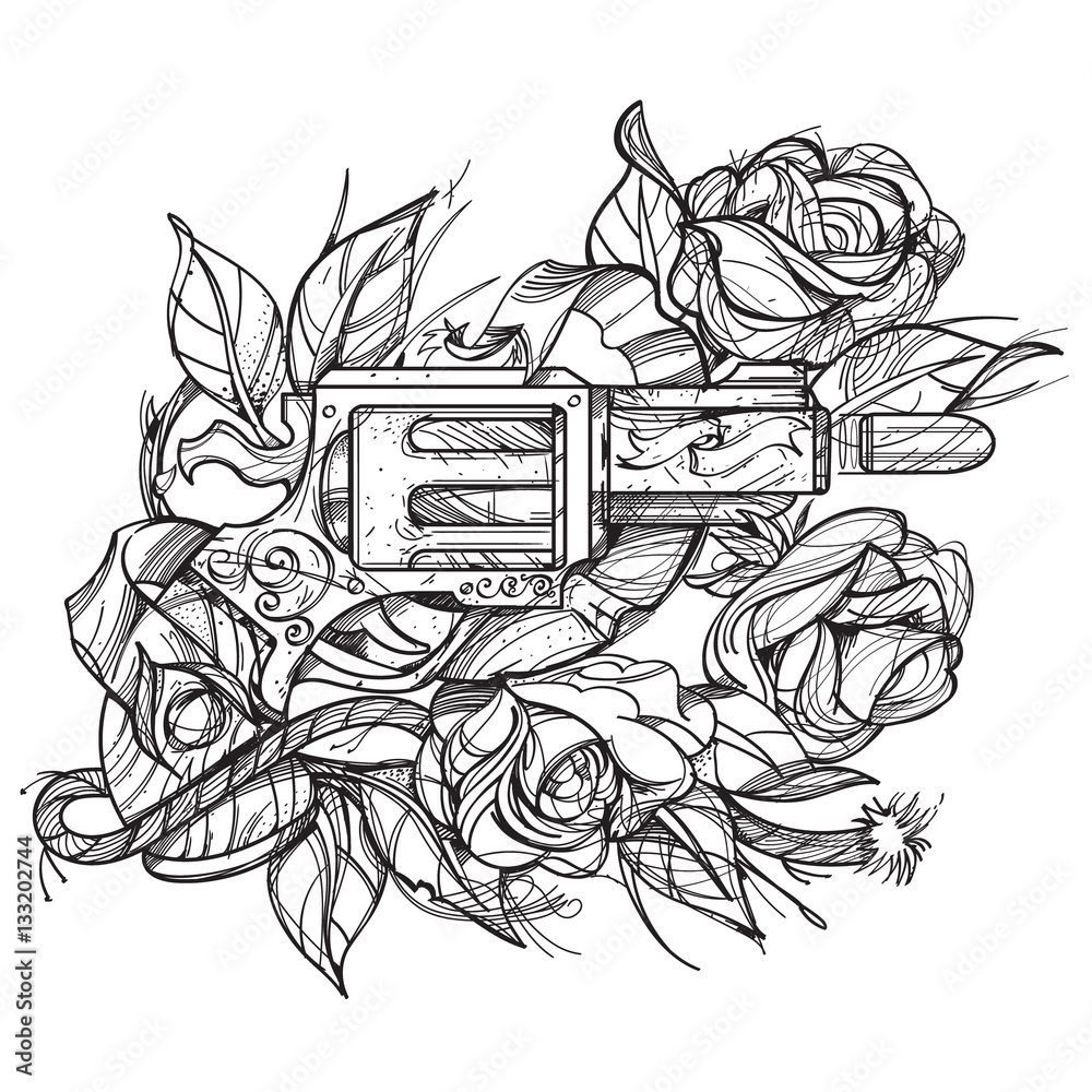 Gun and roses tattoo hand drawing style picture for coloring vector