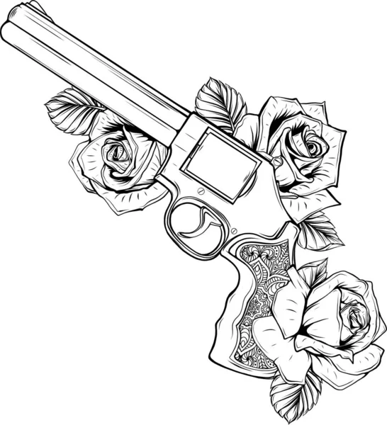 Drawing of a gun with colored roses stock vector by deanzangirgmail