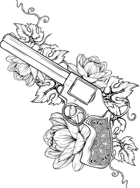 Drawing of a gun with colored roses stock vector by deanzangirgmail