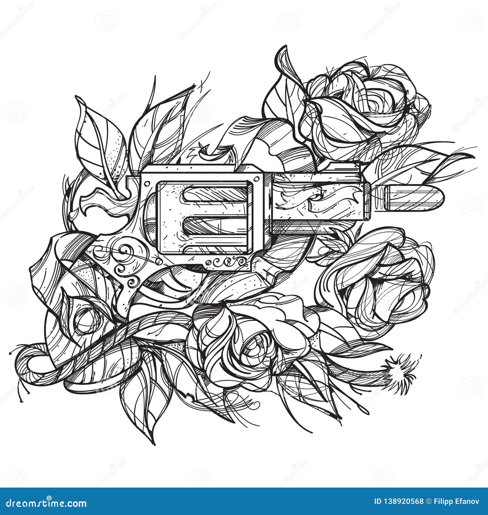 Gun and roses tattoo hand drawing style picture for coloring stock vector