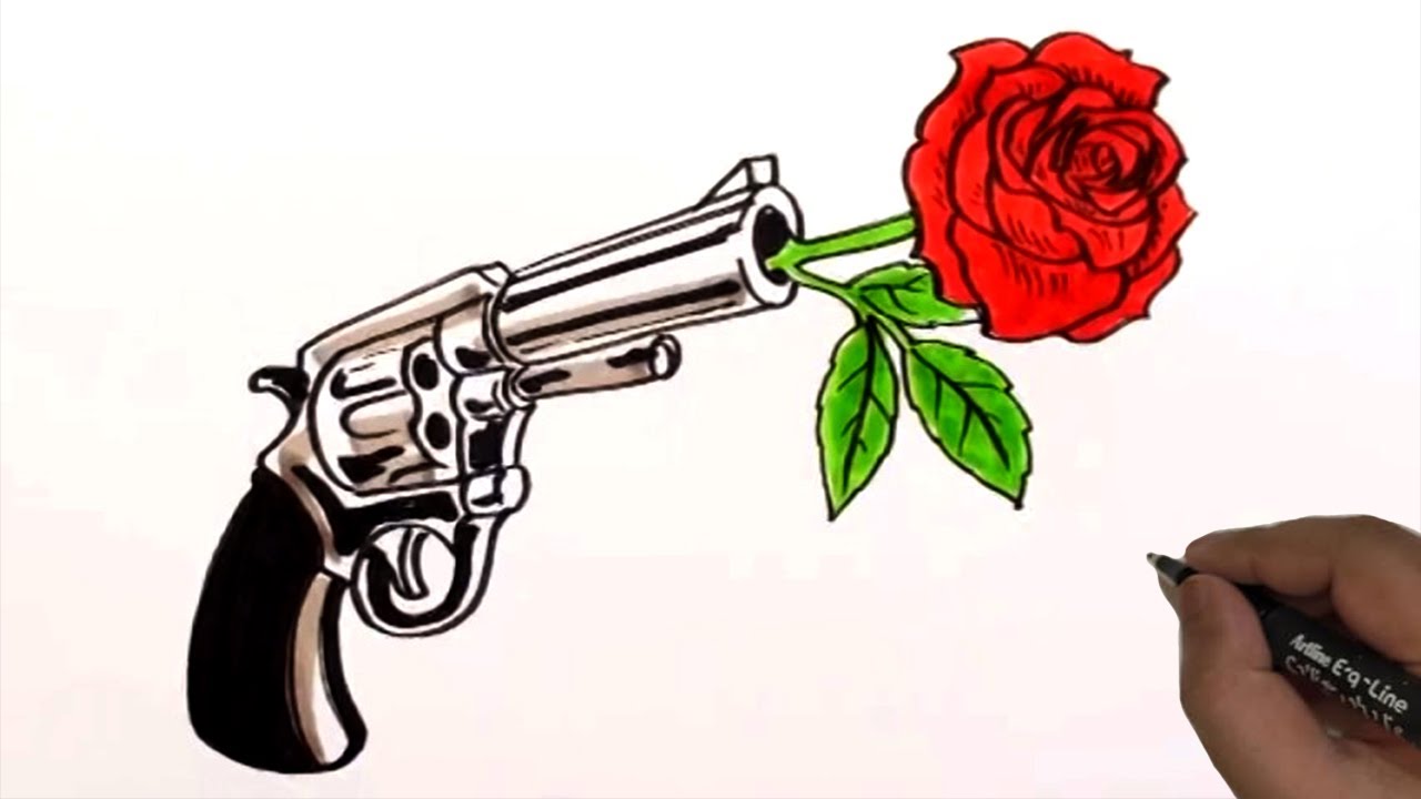How to draw gun and rose gun and rose drawing and color