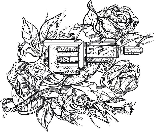 Gun and roses tattoo hand drawing style picture for coloring stock illustration