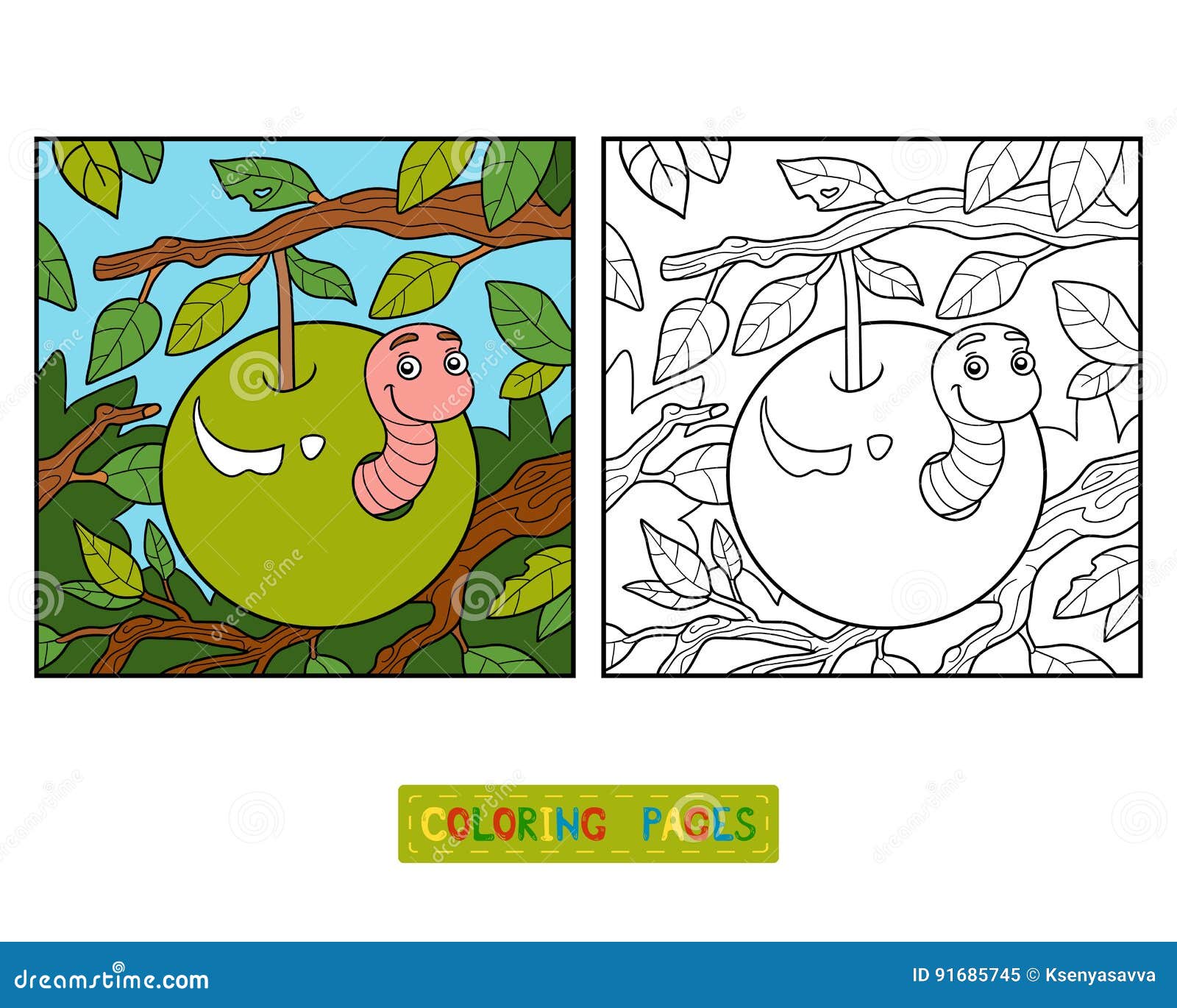 Libro de colorear gusano en manzana ilustraciãn del vector