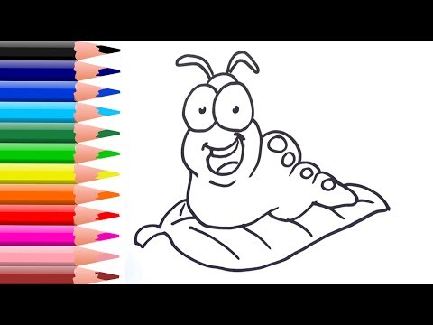 Dibujar y colorear a gusano en hoja verde