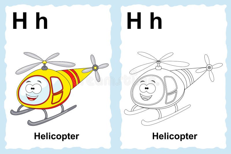 Alphabet coloring book page with outline clip art to color letter h helicopter vector vehicles stock vector