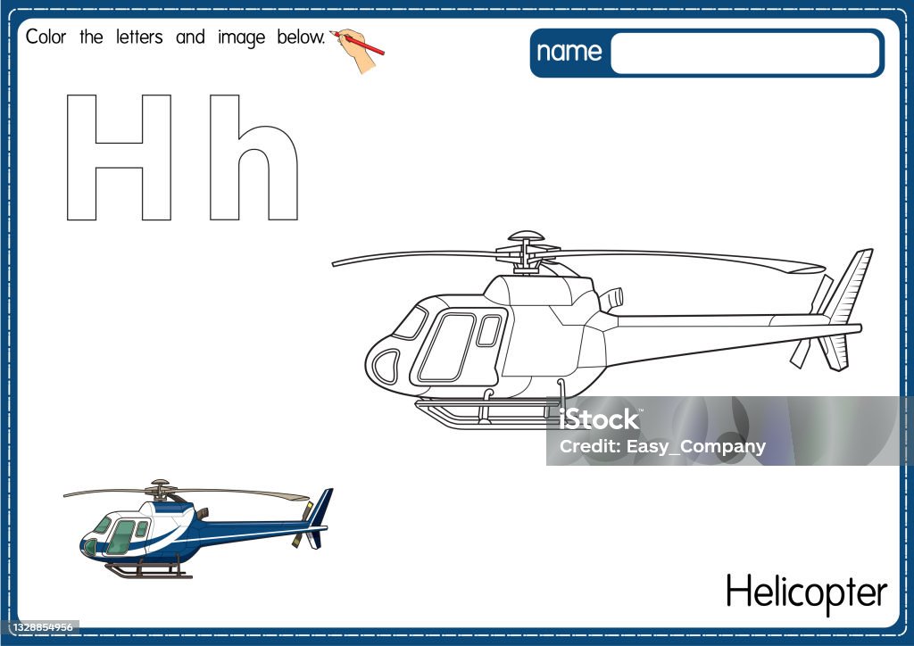 Vector illustration of kids alphabet coloring book page with outlined clip art to color letter h for helicopter stock illustration