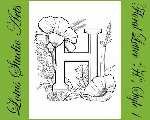 Floral letter h coloring page style downloadable printable alphabet coloring page for adults and teens great for craft projects instant download