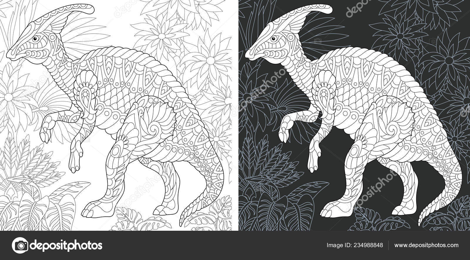 Coloring page dinosaur collection colouring picture hadrosaur drawn zentangle style stock vector by sybirko