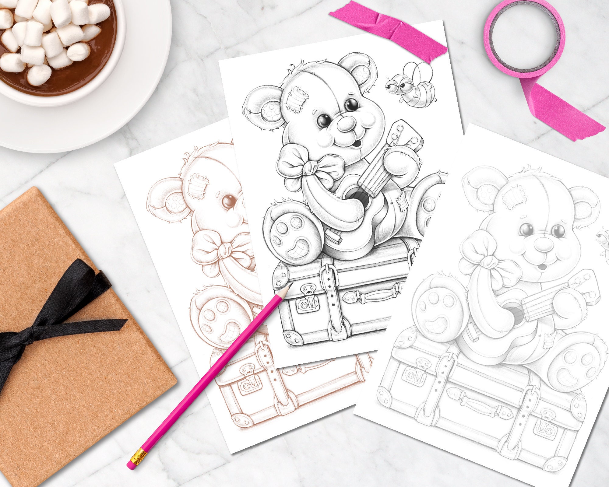 Bear my tunes kids adults coloring page cute coloring page instant download printable jpg grayscale coloring postcard pdf download